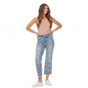 Judy Blue Cropped-Straight Star-Patterned Blue Jeans